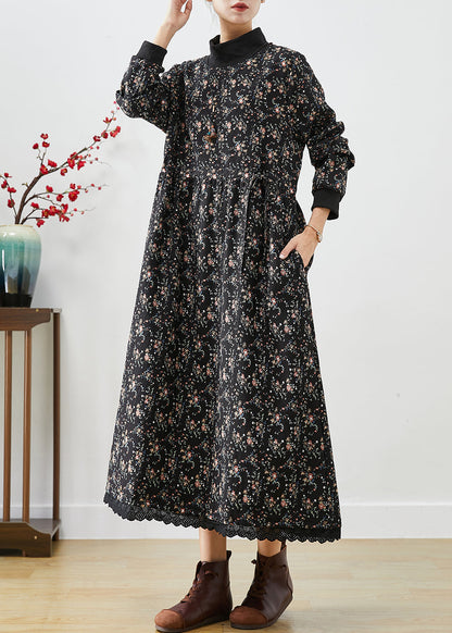 Black Turtle Neck Print Warm Fleece Long Dress Winter