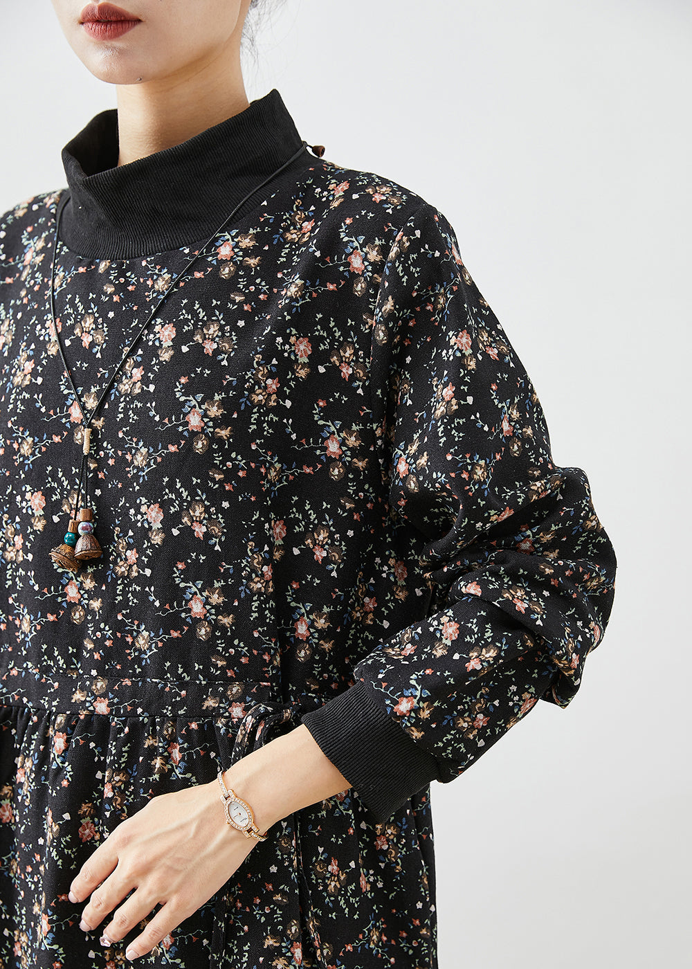 Black Turtle Neck Print Warm Fleece Long Dress Winter