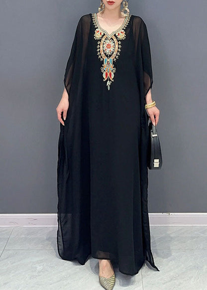 Black V Neck Embroidered Patchwork Tulle Maxi Dresses Long Sleeve