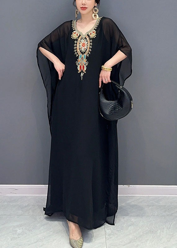 Black V Neck Embroidered Patchwork Tulle Maxi Dresses Long Sleeve