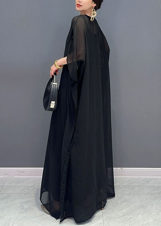 Black V Neck Embroidered Patchwork Tulle Maxi Dresses Long Sleeve