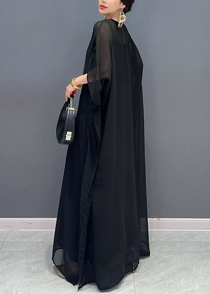 Black V Neck Embroidered Patchwork Tulle Maxi Dresses Long Sleeve