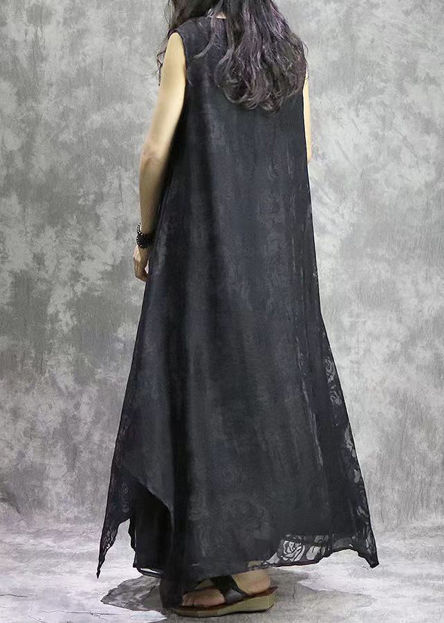Black V Neck Exra Large Hem Silk Beach Dress Sleeveless