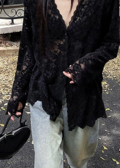 Bohemian Black V Neck Hollow Out Lace Shirt Spring