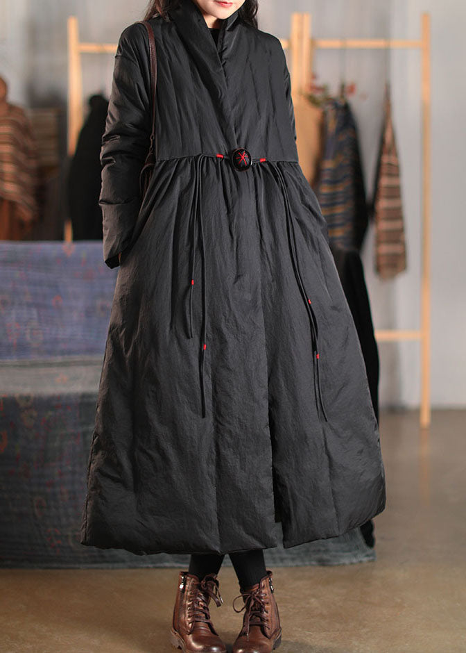Black V Neck Loose Duck Down Coat Winter