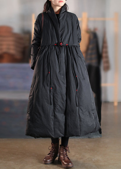 Black V Neck Loose Duck Down Coat Winter