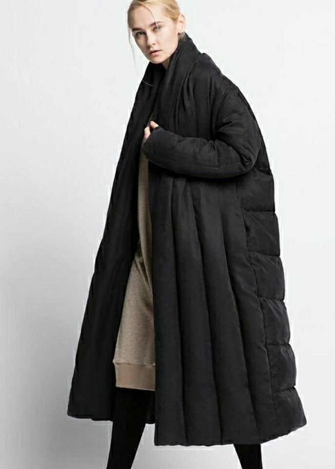 Black V Neck Oversized Patchwork Duck Down Puffer Jacket Winter