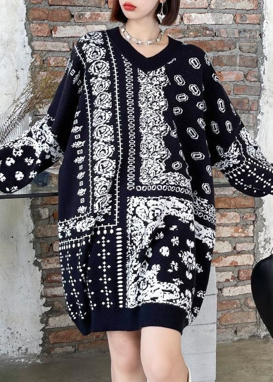 Black V Neck Oversized Print Knit Sweater Dress Winter