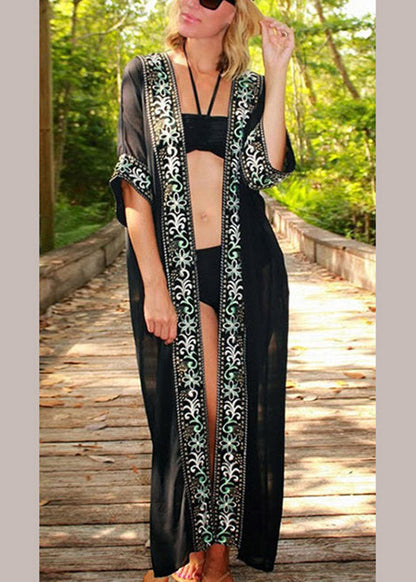 Black V Neck Print Chiffon Long Beach Cardigans Summer
