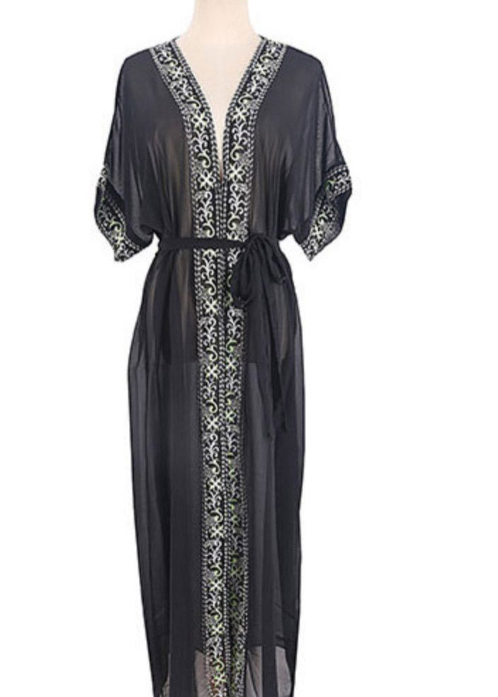 Black V Neck Print Chiffon Long Beach Cardigans Summer