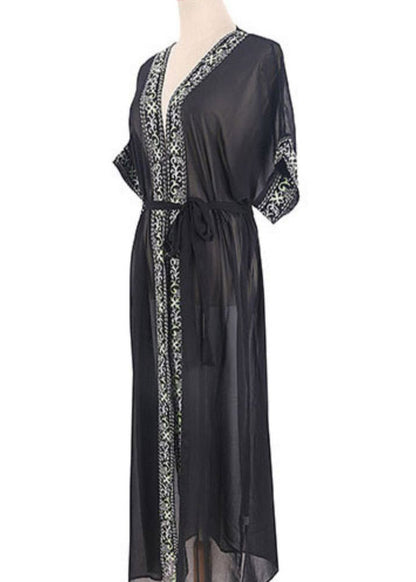 Black V Neck Print Chiffon Long Beach Cardigans Summer