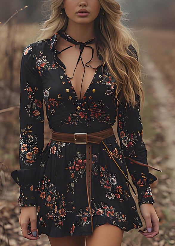 Black V Neck Print Cotton Mid Dresses Spring