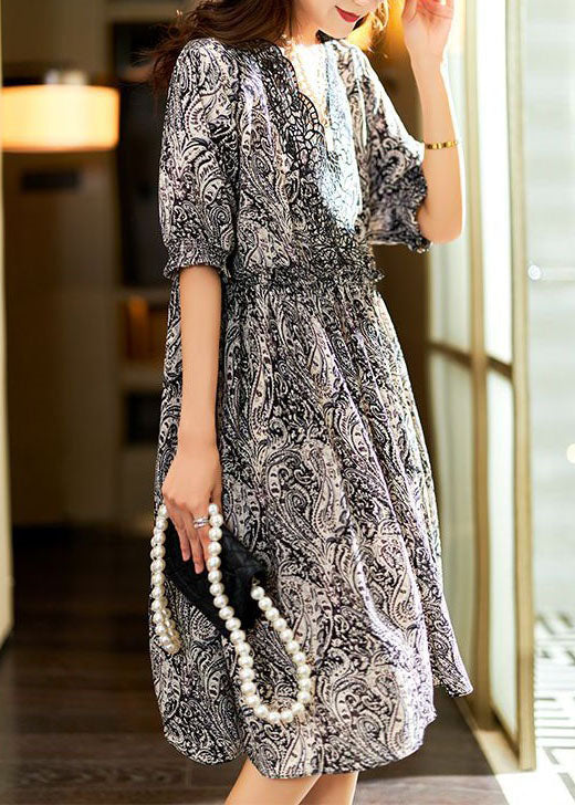 Black V Neck Print Patchwork Chiffon Dress Summer