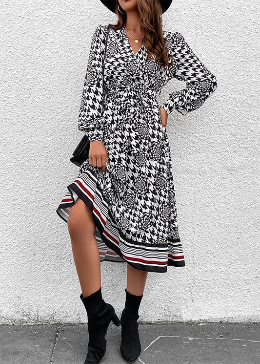 Black V Neck Print Patchwork Chiffon Dresses Spring