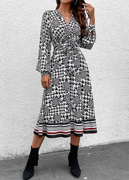 Black V Neck Print Patchwork Chiffon Dresses Spring