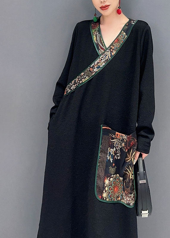 Black V Neck Print Patchwork Long Dress Fall