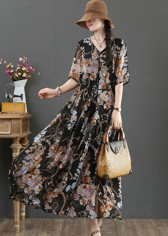 Black V Neck Tie Waist Print Chiffon Vacation Dresses Short Sleeve