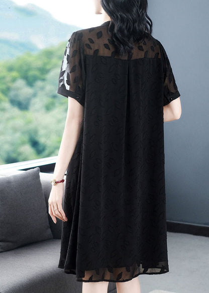 Black V Neck Wrinkled Patchwork Jacquard Chiffon Holiday Dress Short Sleeve