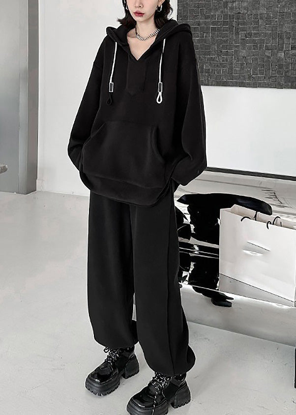 Black Warm Fleece Hooded Sweatshirt and Lantern Pants Two Pieces Set Winter