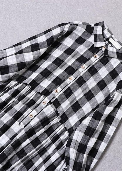 Black White Plaid Peterpan Collar Pockets Button Fall Patchwork Dresses