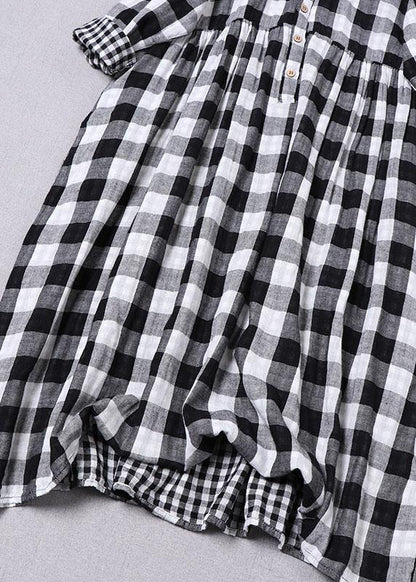 Black White Plaid Peterpan Collar Pockets Button Fall Patchwork Dresses