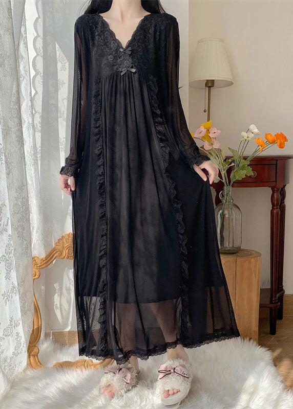 Black Wrinkled Ruffled Lace Patchwork Tulle Vacation Maxi Dresses Long Sleeve