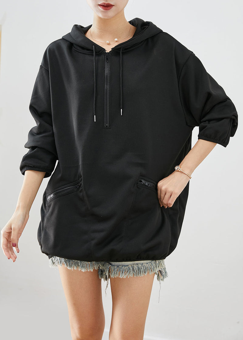 Black Zip Up Hooded Oversized Cotton Sweatshirts Top Fall