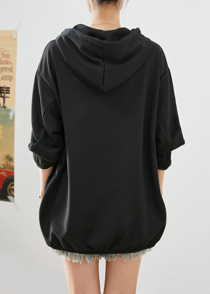 Black Zip Up Hooded Oversized Cotton Sweatshirts Top Fall