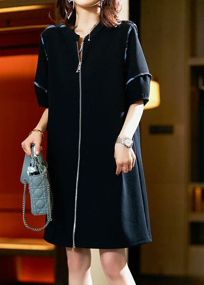Black Zip Up Patchwork Cotton Mid Dresses Summer
