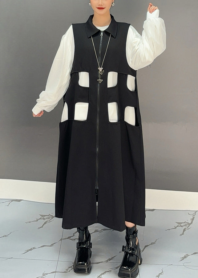 Black Zippered Patchwork Hollow Out Long Waistcoat Dress Spring