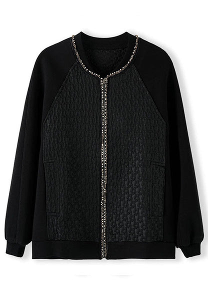 Black Zippered Patchwork Nail Bead Coats Long Sleeve
