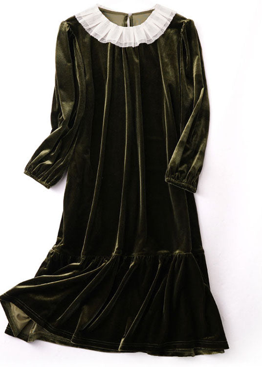 Blackish Green Ruffled Patchwork Silk Velour Maxi Dresses Winter