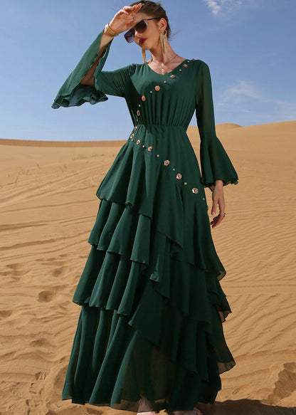 Blackish Green Wrinkled Sashes Chiffon Long Beach Dress Long Sleeve