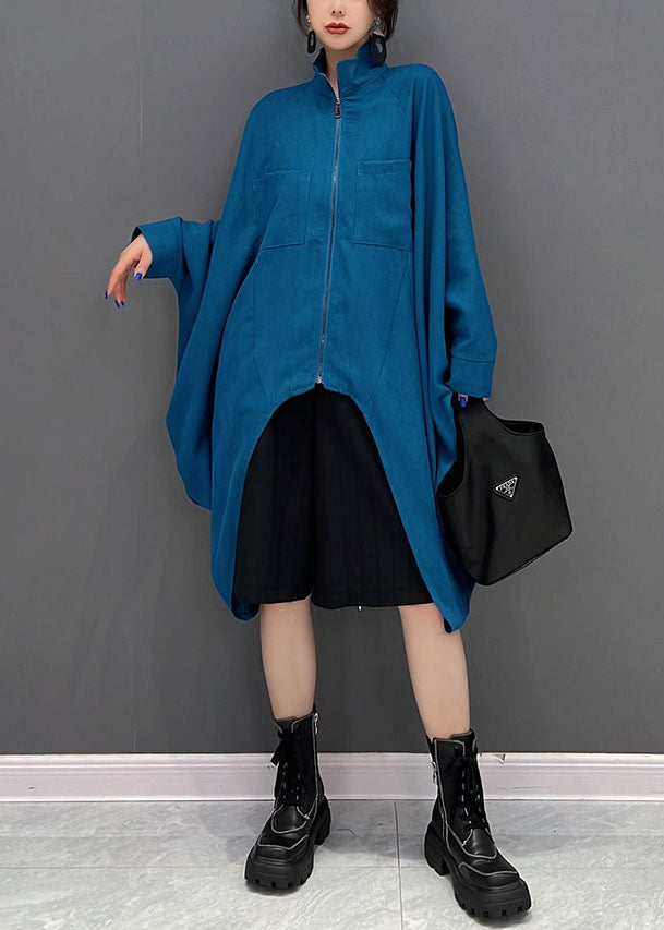 Blue Asymmetrical Design Zippered Cotton Coat Fall