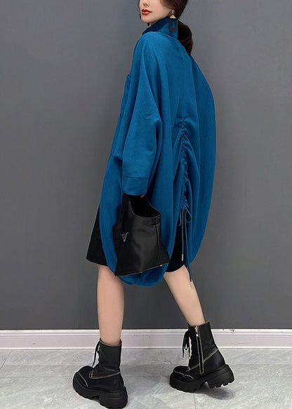 Blue Asymmetrical Design Zippered Cotton Coat Fall