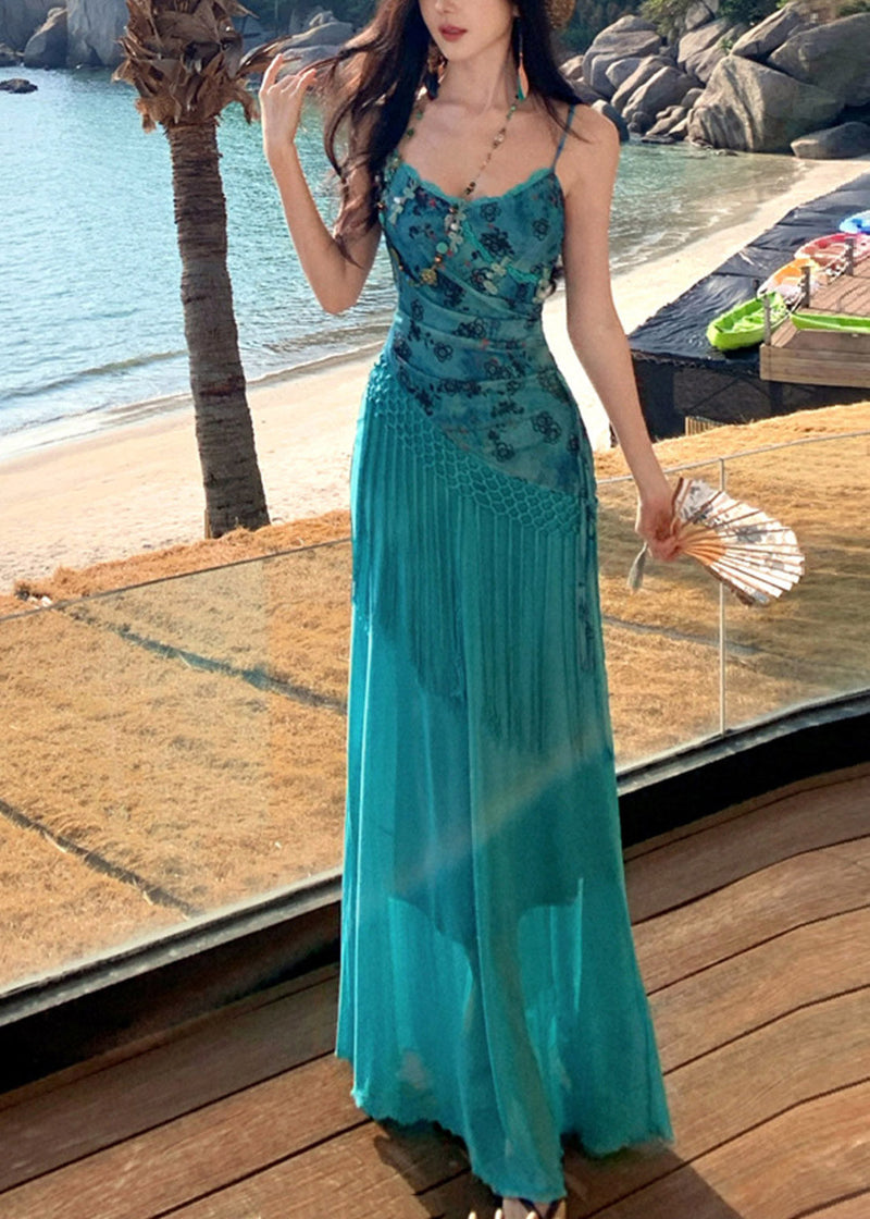 Blue Asymmetrical Patchwork Tassel Maxi Spaghetti Strap Dress Sleeveless
