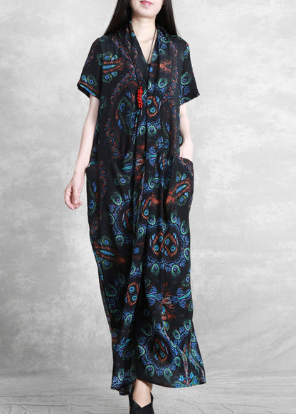 Blue Black V Neck Print Wrinkled Silk Ankle Dress Summer