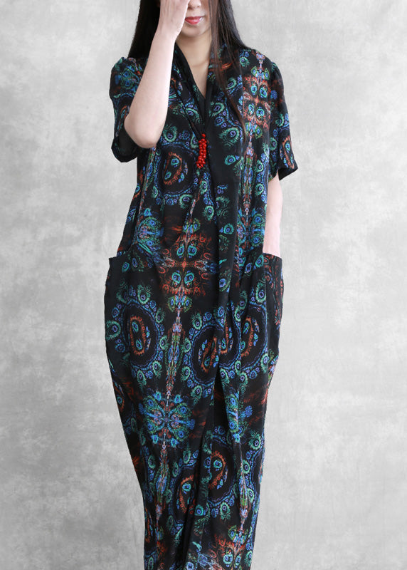Blue Black V Neck Print Wrinkled Silk Ankle Dress Summer