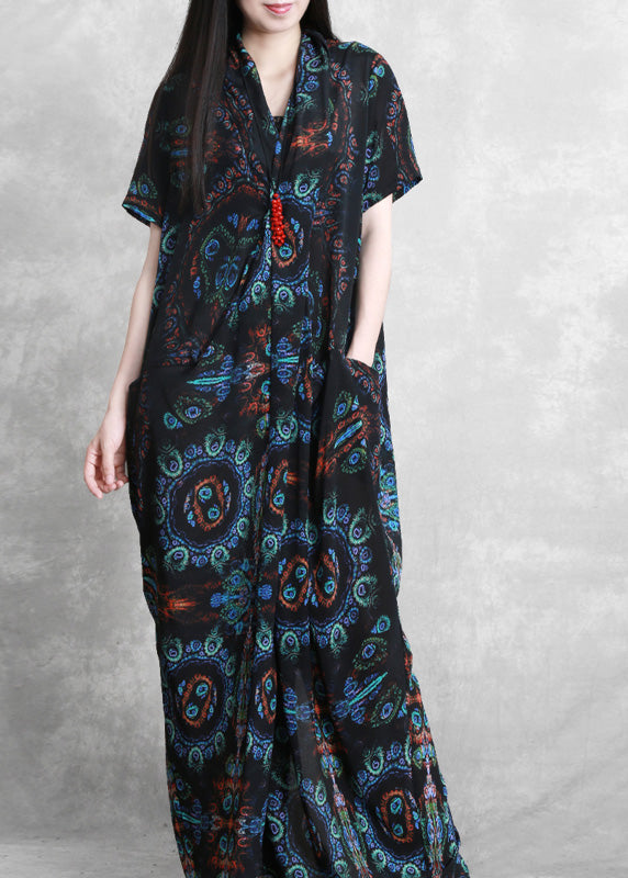 Blue Black V Neck Print Wrinkled Silk Ankle Dress Summer