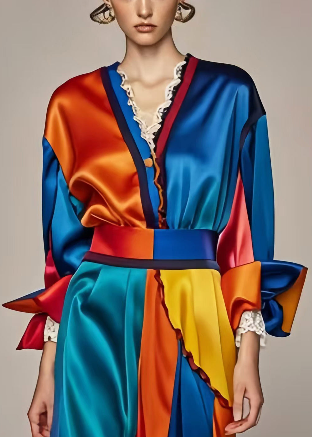 Blue Cinched Patchwork Silm Fit Silk Long Dresses Spring