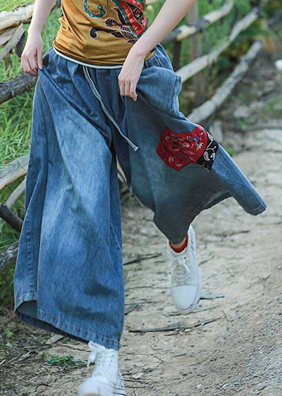 Blue Embroideried Pockets Elastic Waist Tie Waist Wide Leg Pants Summer