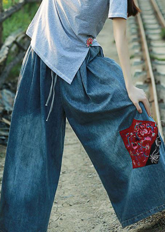 Blue Embroideried Pockets Elastic Waist Tie Waist Wide Leg Pants Summer
