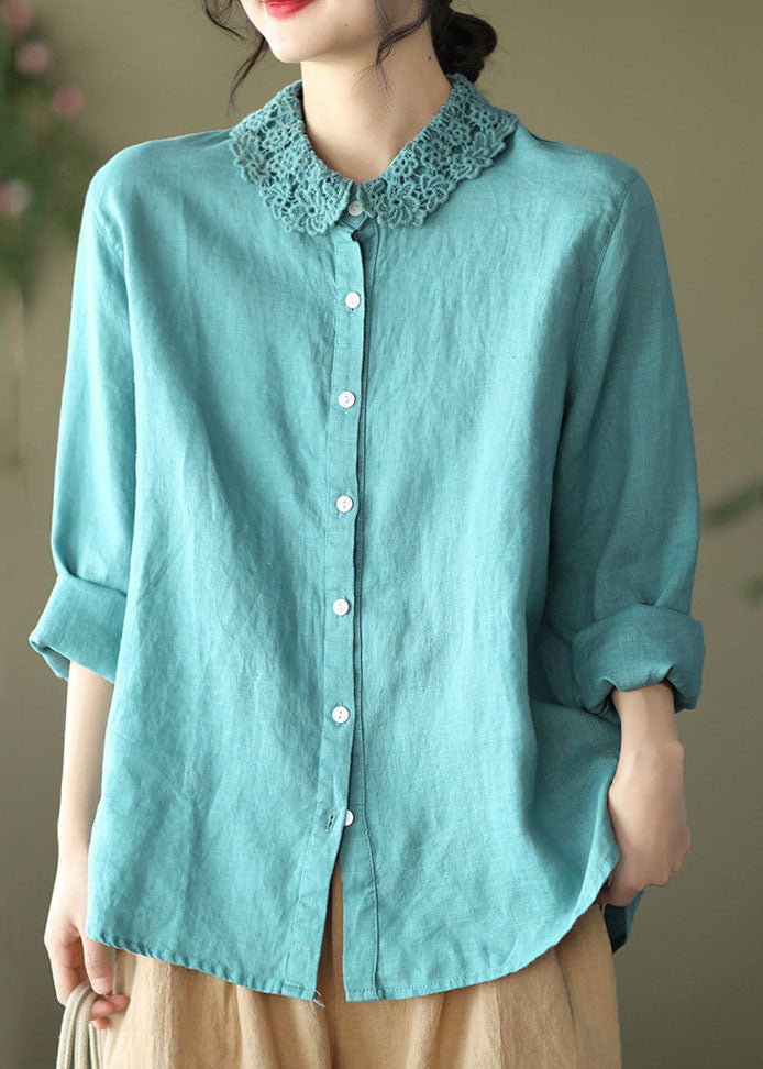 Blue Embroideried Patchwork Linen Blouse Top Long Sleeve