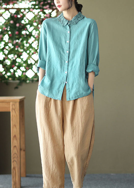 Blue Embroideried Patchwork Linen Blouse Top Long Sleeve