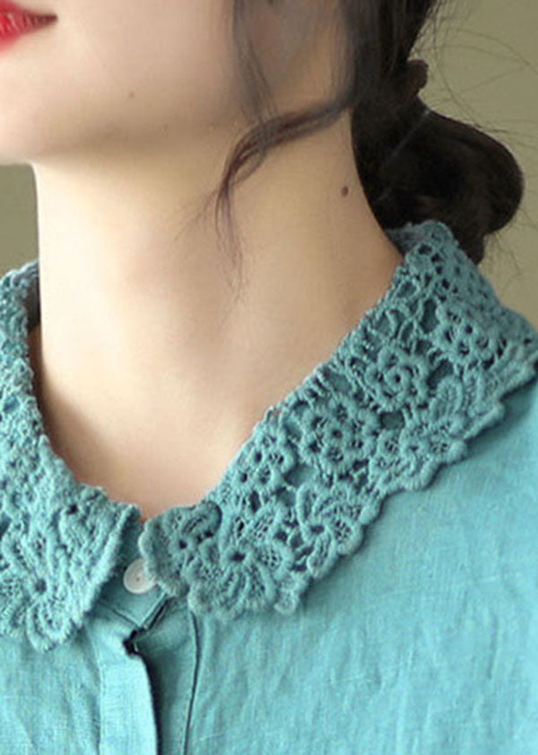 Blue Embroideried Patchwork Linen Blouse Top Long Sleeve