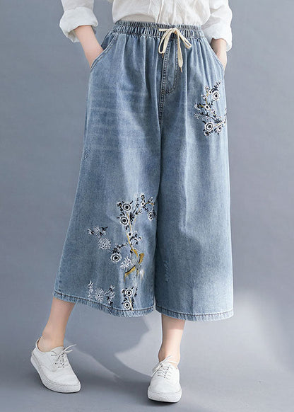 Blue Embroideried Pockets Patchwork Denim Wide Leg Pants Summer