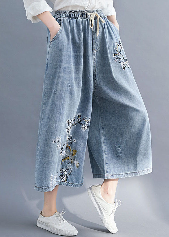 Blue Embroideried Pockets Patchwork Denim Wide Leg Pants Summer