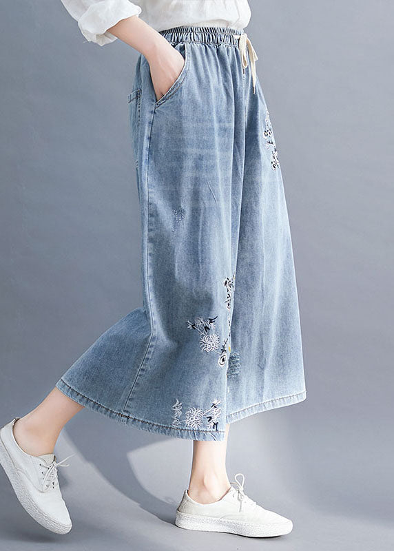 Blue Embroideried Pockets Patchwork Denim Wide Leg Pants Summer