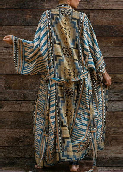 Blue Geometric Print Long Sleeve Kimono Robe Mid Summer Cotton