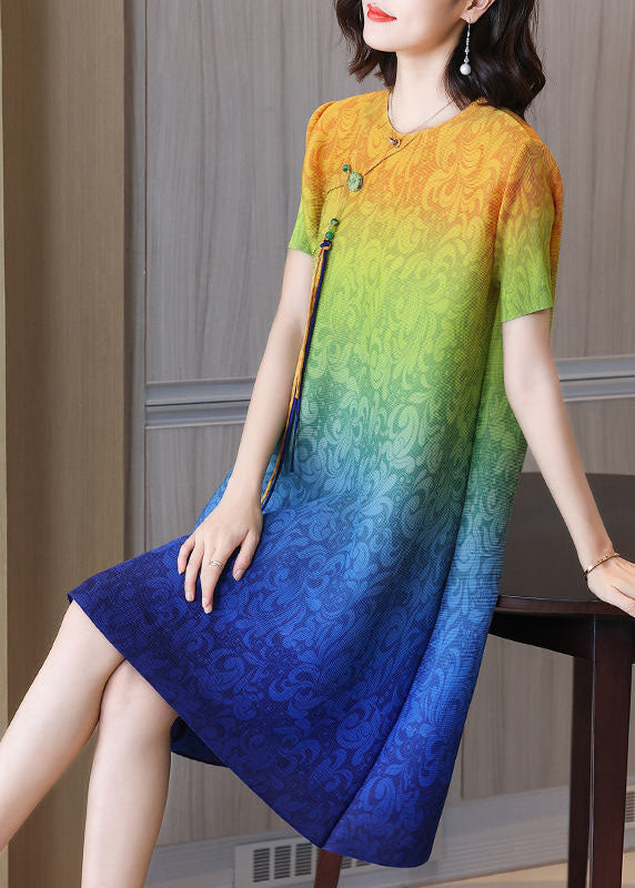 Blue Gradient Color O-neck Tassel Wrinkled Silk Dresses Short Sleeve